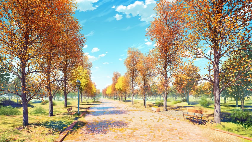 原创 秋天 红叶 长椅 蓝天 砖路