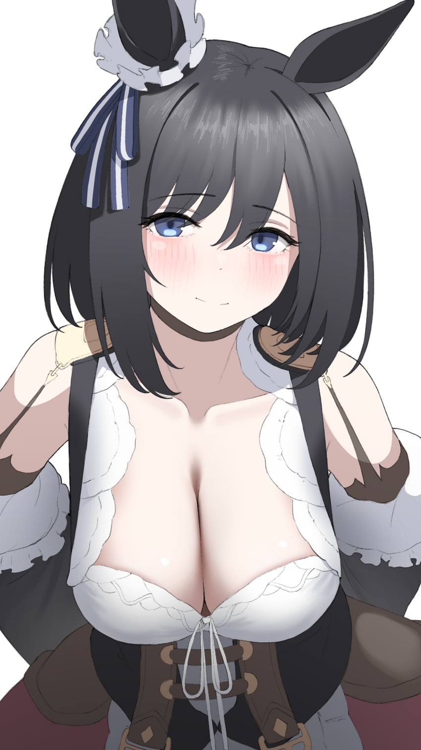 赛马娘、荣进闪耀 (Meisterschaft) (赛马娘)、荣进闪耀(赛马娘) 1名女孩 兽耳 双手背在身后 露肩 黑发