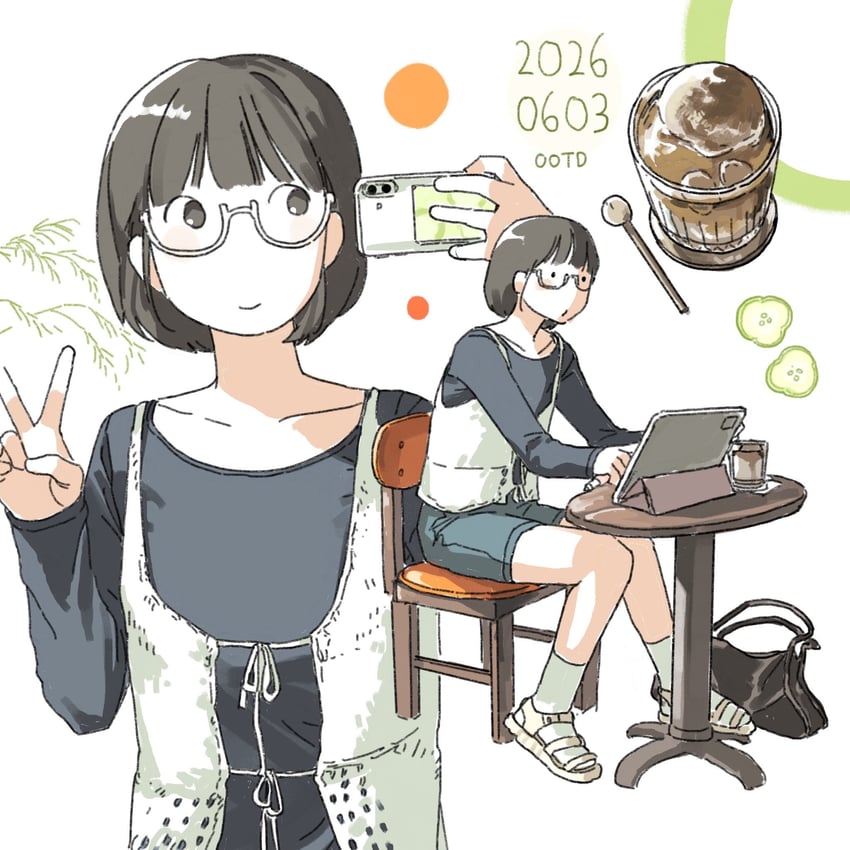 原创 1名女孩 包 黑发 黑衬衫 齐刘海