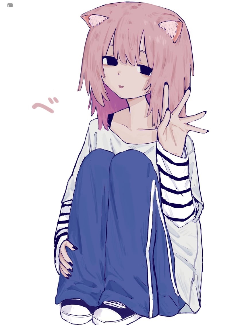 原创、月姬、霓虹猫 1名女孩 猫脸笑 兽耳 黑瞳 蓝裙子