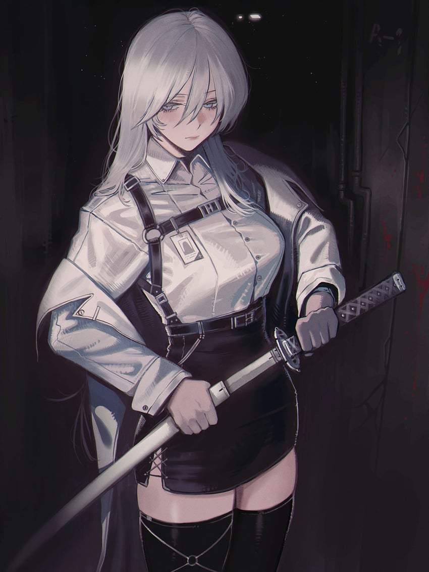 原创 1名女孩 腰带 黑色皮带 黑色裙子 黑色过膝袜