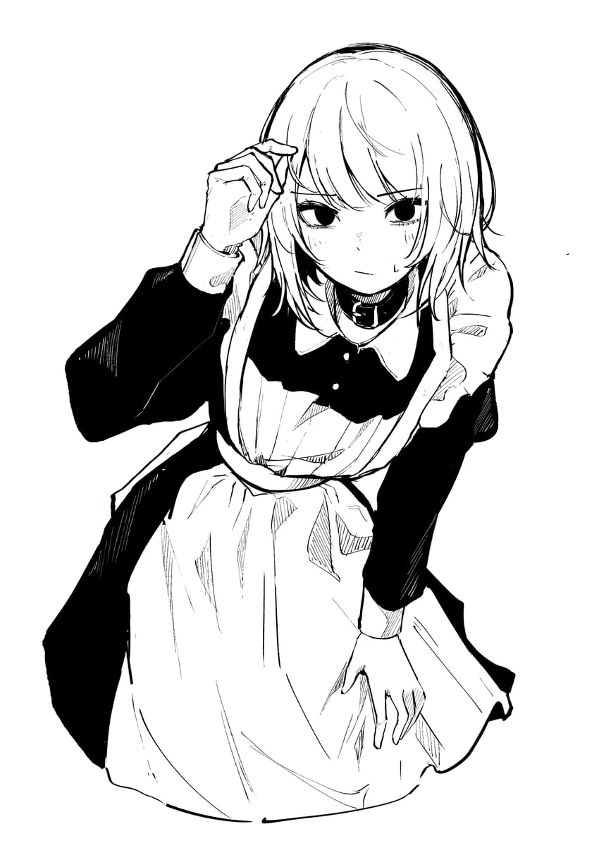原创 1名女孩 整理头发 围裙 黑瞳 项圈