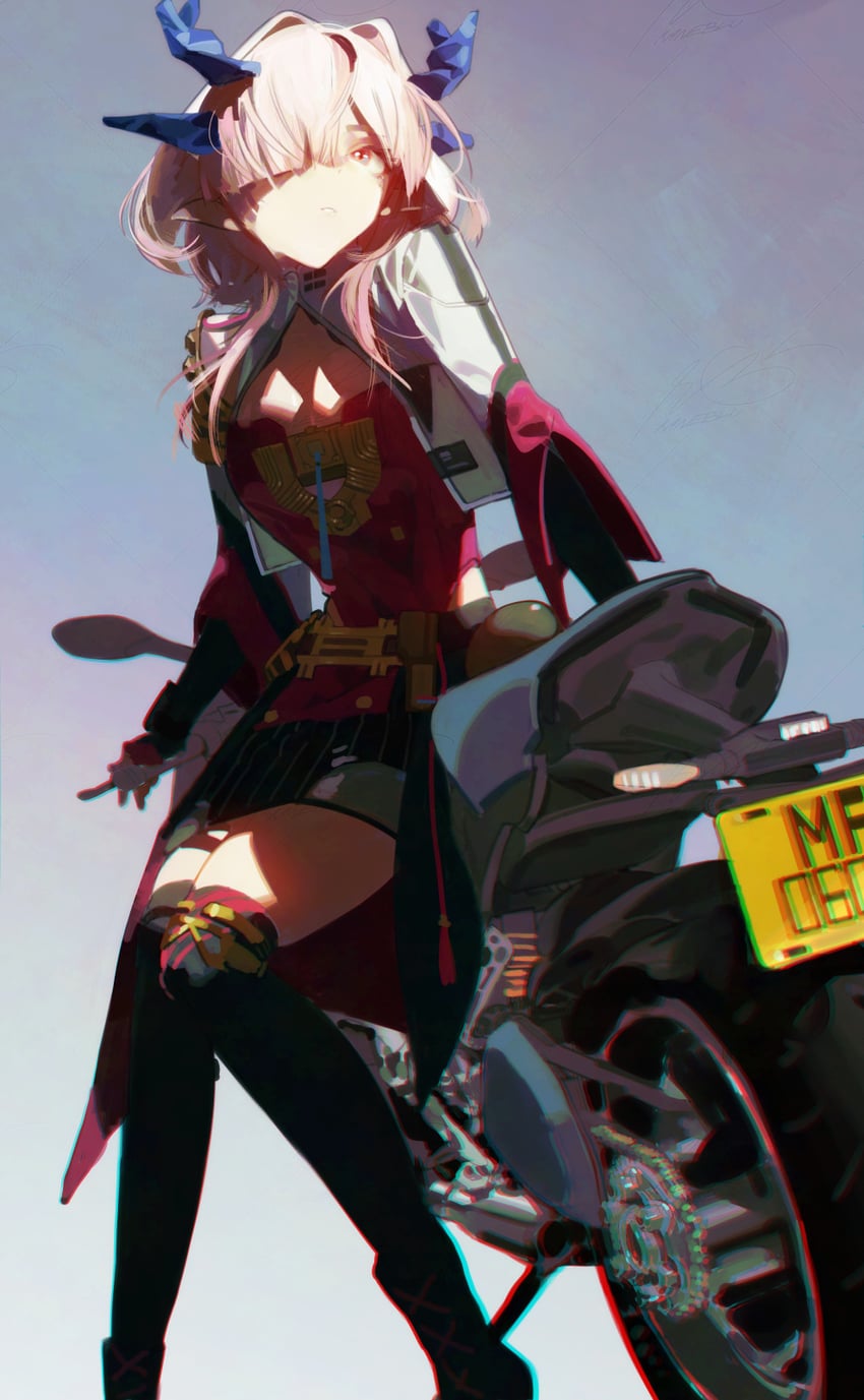 明日方舟、明日方舟：终末地、弥伏 (明日方舟) 黑色裙子 黑色过膝袜 蓝色背景 蓝角 乳房