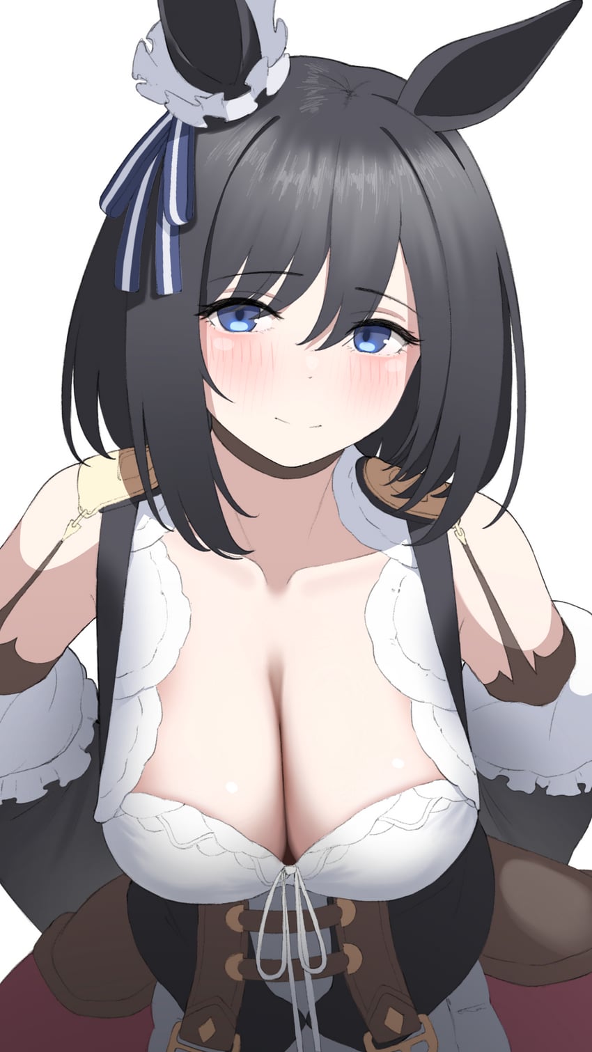 赛马娘、荣进闪耀 (Meisterschaft) (赛马娘)、荣进闪耀(赛马娘) 1名女孩 兽耳 双手背在身后 露肩 黑发