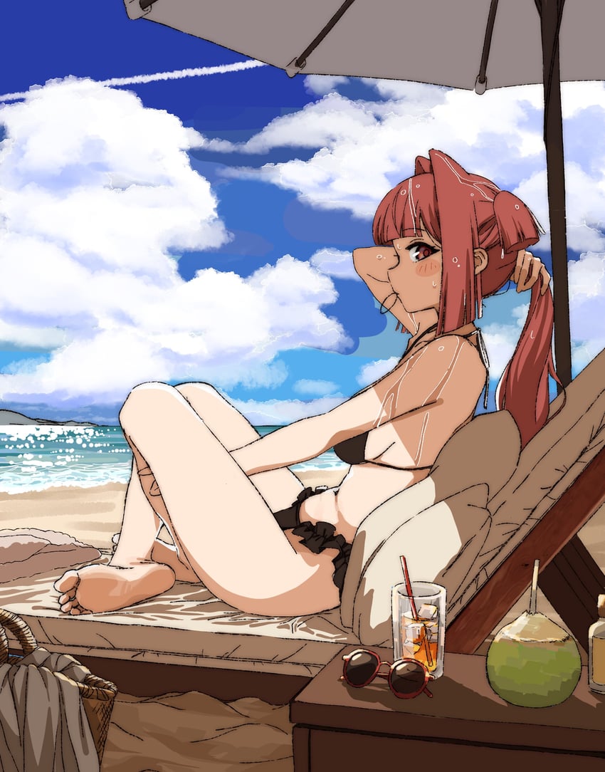 原创、咪咚酱 1名女孩 整理头发 背影 赤脚 海滩