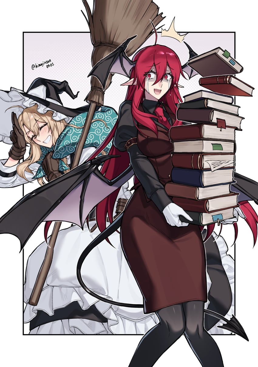 东方Project、雾雨魔理沙、小恶魔 2名女孩 笑眼 替换服装 围裙 黑帽子