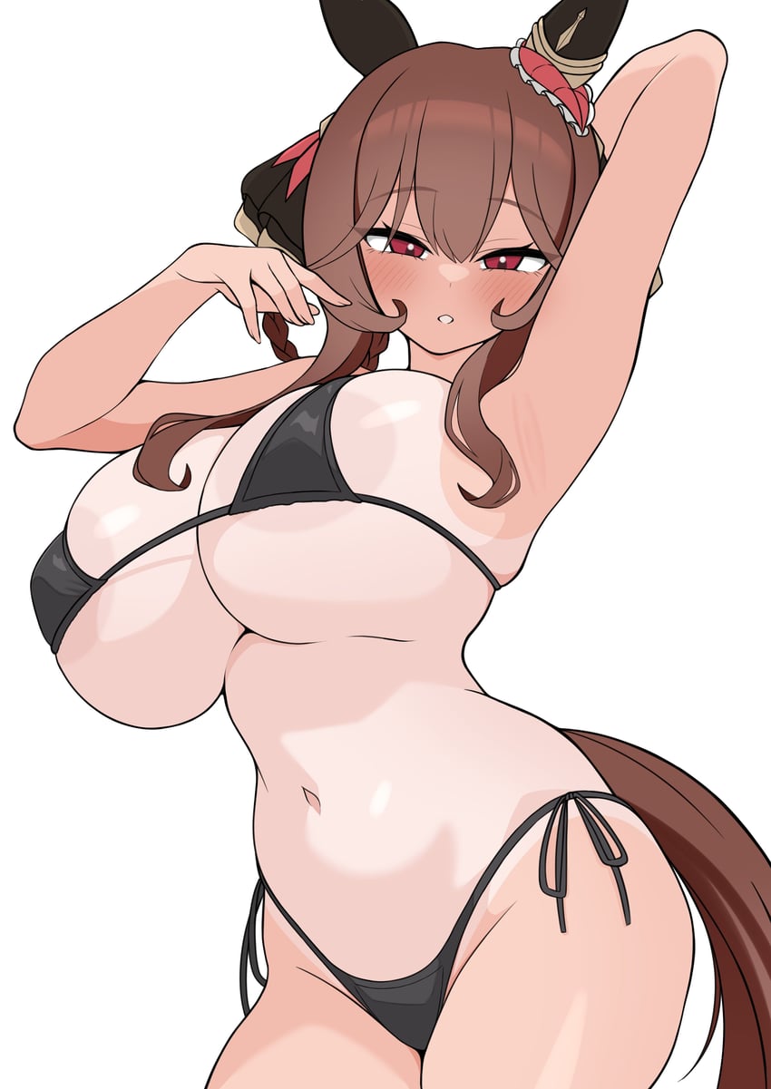 赛马娘、贵妇人(赛马娘) 1名女孩 兽耳 露乳晕 举起双手 比基尼