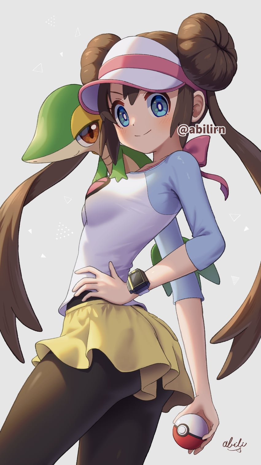 宝可梦、宝可梦 黑2/白2、鸣依 (宝可梦) 黑色连裤袜 蓝眼 蓝色袖子 脸红 乳房