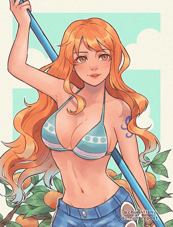 海贼王、娜美 (海贼王) 1名女孩 比基尼 只穿比基尼上衣 蓝色裤子 乳房