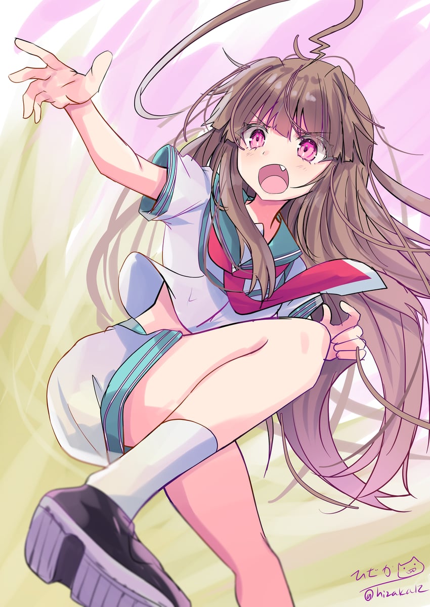 舰队Collection、球磨 (舰队收藏) 1名女孩 呆毛 棕发 虎牙 乐福鞋