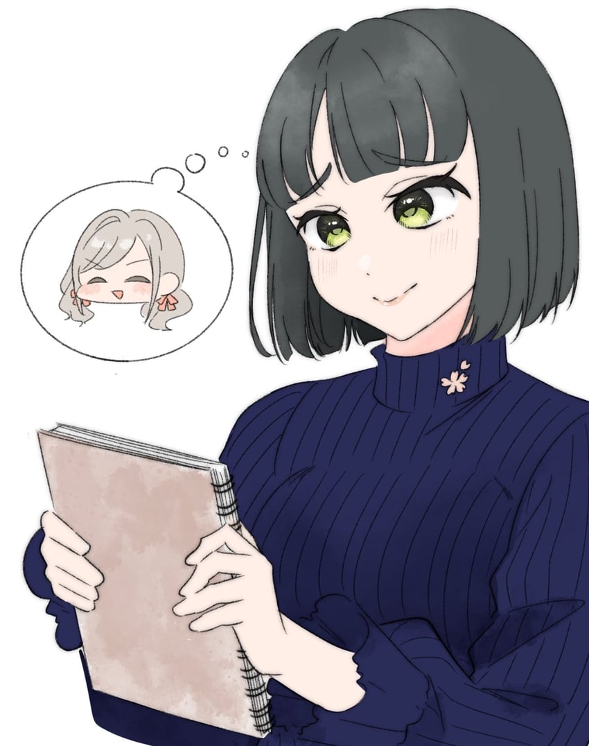 Love Live!、Love Live! 莲之空女学院学园偶像部、赛拉斯·柳田·利琳费尔德 2名女孩 黑发 蓝色毛衣 齐刘海 齐发尾