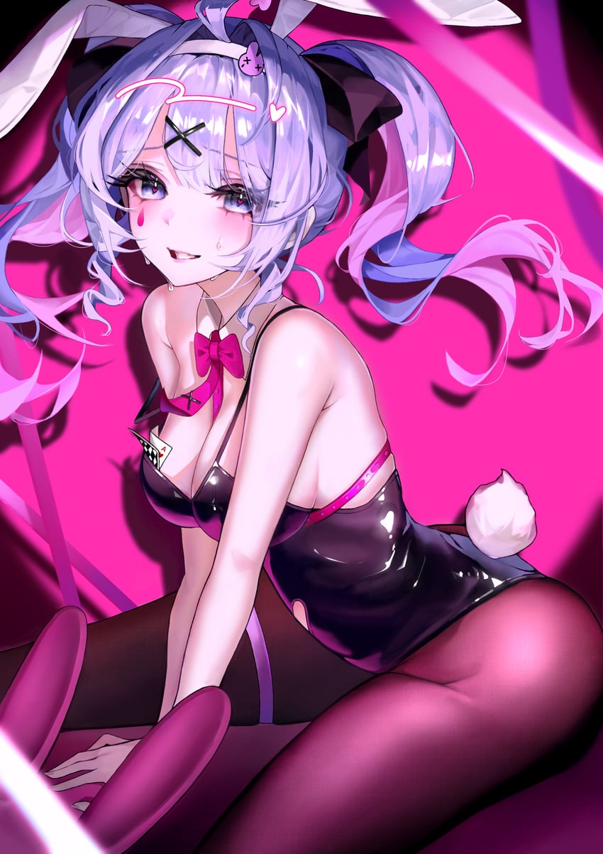 兔穴(Vocaloid)、VOCALOID、初音未来 1名女孩 兽耳 黑色紧身连体衣 黑色丝带 蓝眼