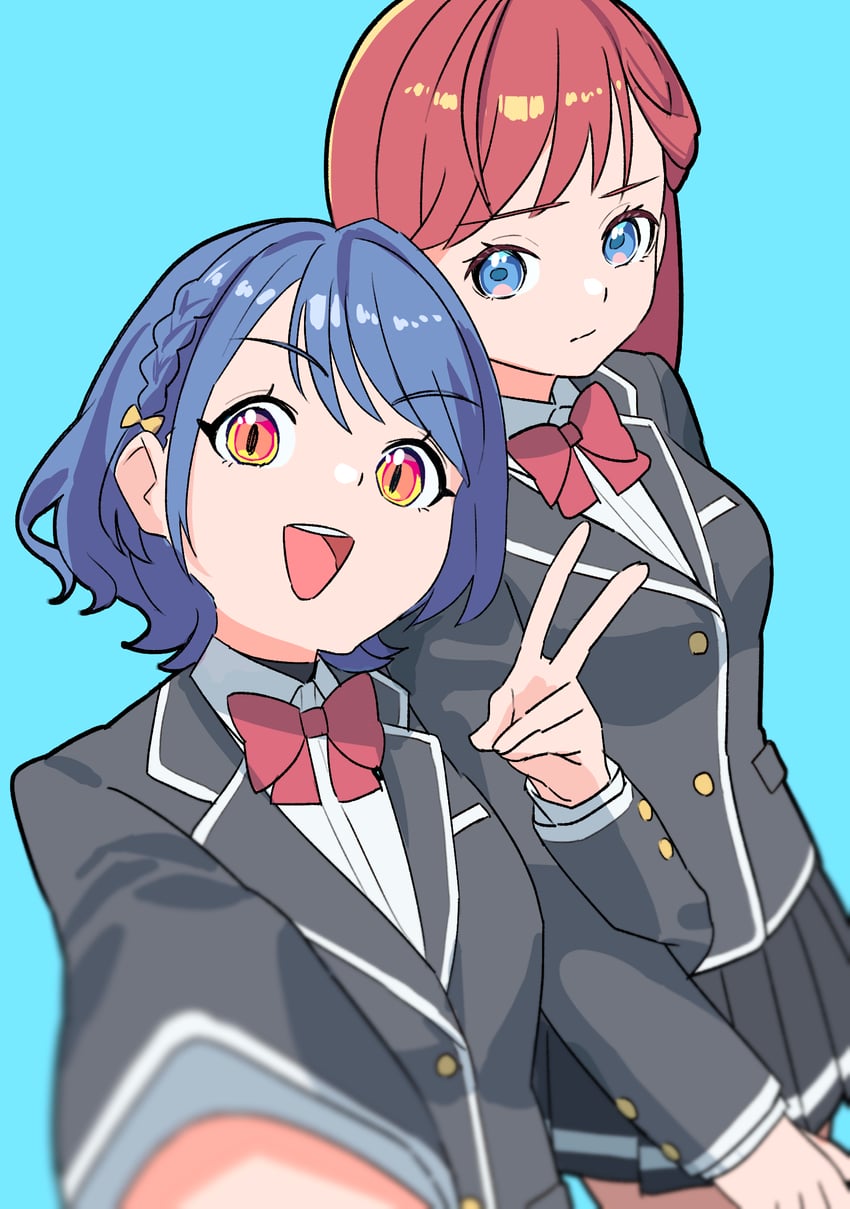 Love Live!、Love Live! 莲之空女学院学园偶像部、Love Live! 莲之空女学院学园偶像俱乐部 繁花庭院派对 2名女孩 黑色夹克 西装外套 蓝色背景 蓝眼