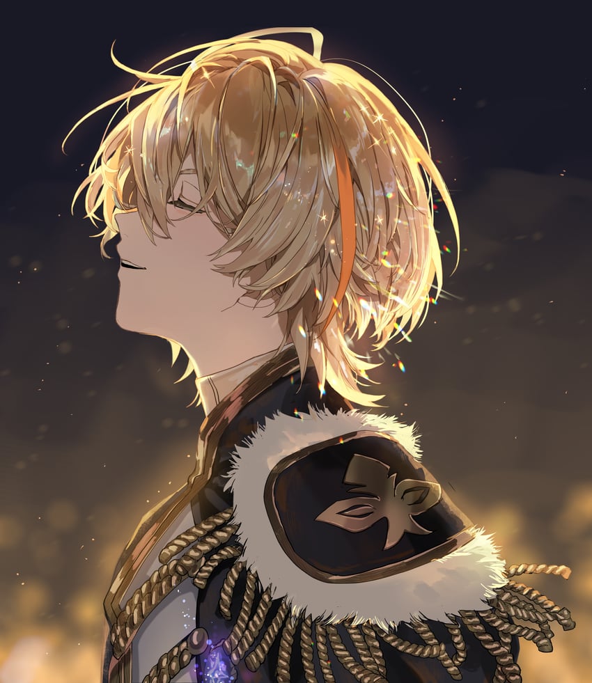 彩虹社、风乐奏斗 1名男孩 黑色夹克 金发 闭眼 肩章