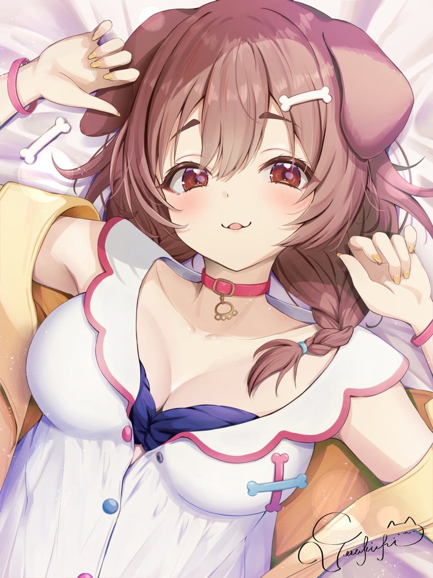 Hololive、戌神沁音、戌神沁音 (第一套服装) 1名女孩 兽耳 床单 蓝色胸罩 骨制发饰