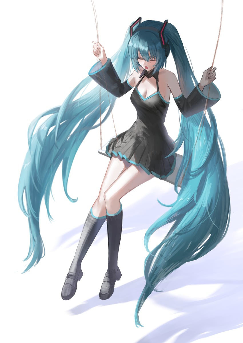 VOCALOID、初音未来 1名女孩 水色发 黑色靴子 黑色连衣裙 靴子