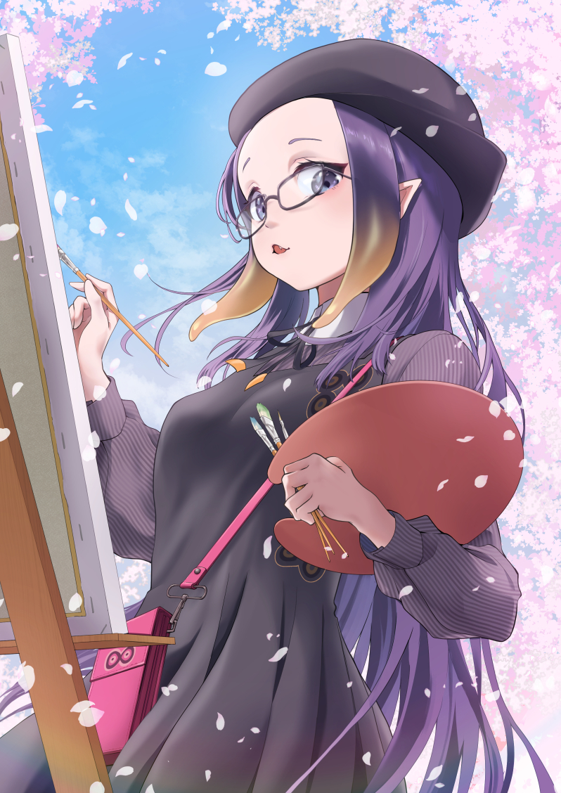 Hololive、Hololive英语、一伊那尔栖 1名女孩 贝雷帽 黑色连衣裙 蓝眼 蓝天