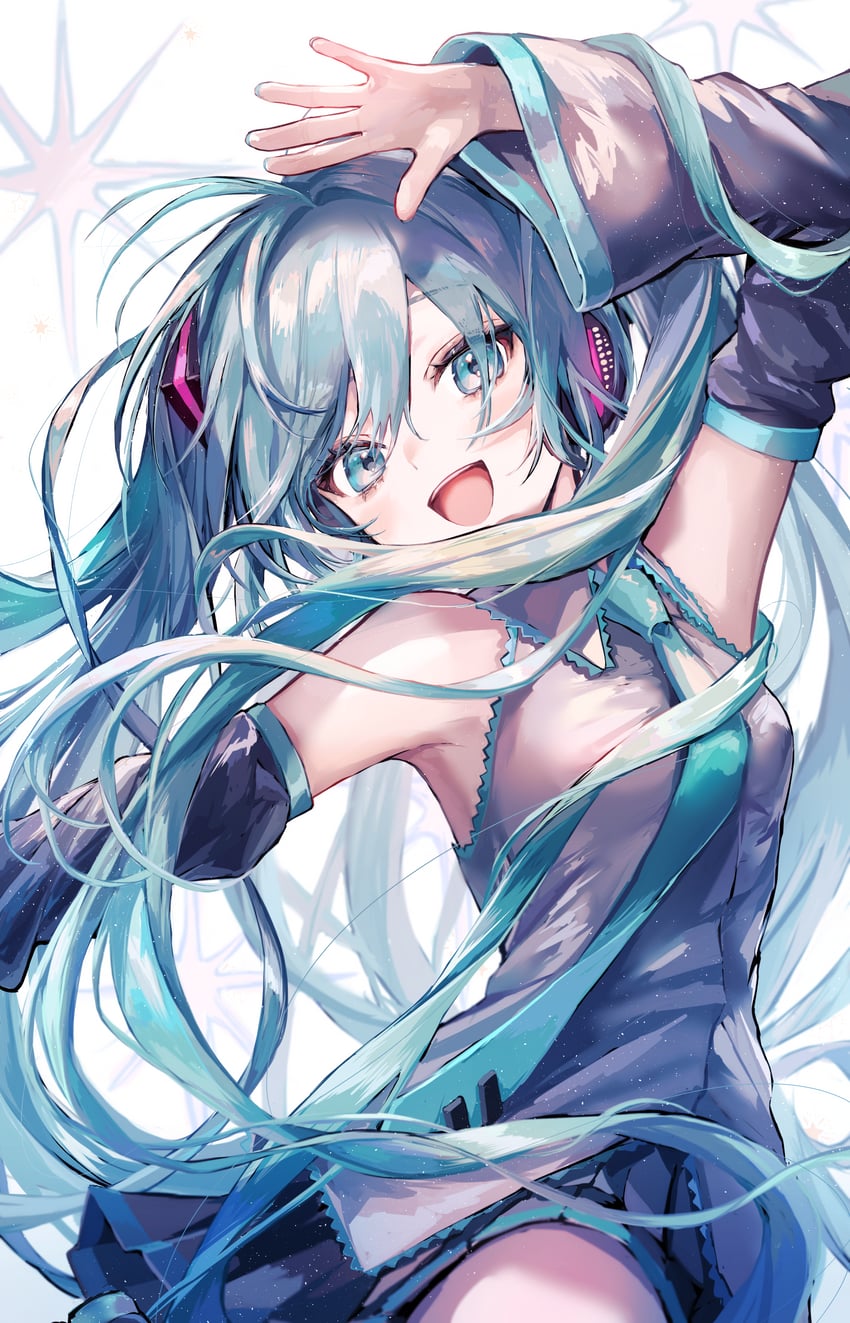 VOCALOID、初音未来 1名女孩 水色瞳 水色发 水蓝色领带 露肩