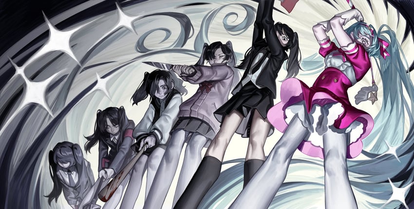 立刻轮回 (Vocaloid)、VOCALOID、初音未来 6个以上女孩 水色发 举起双手 attacking viewer 斧头