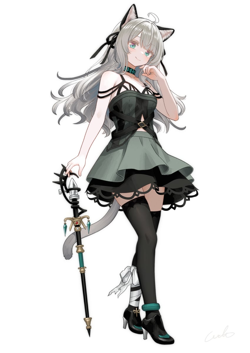 明日方舟、薄荷 (明日方舟) 1名女孩 兽耳 黑色丝带 黑色过膝袜 猫耳