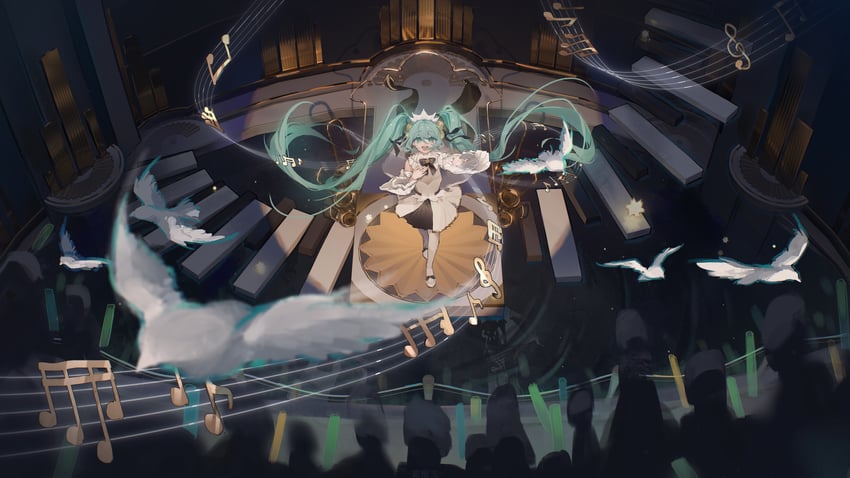 VOCALOID、初音未来 1名女孩 举手 黑色蝴蝶结 黑色蝶形领结 黑色连衣裙
