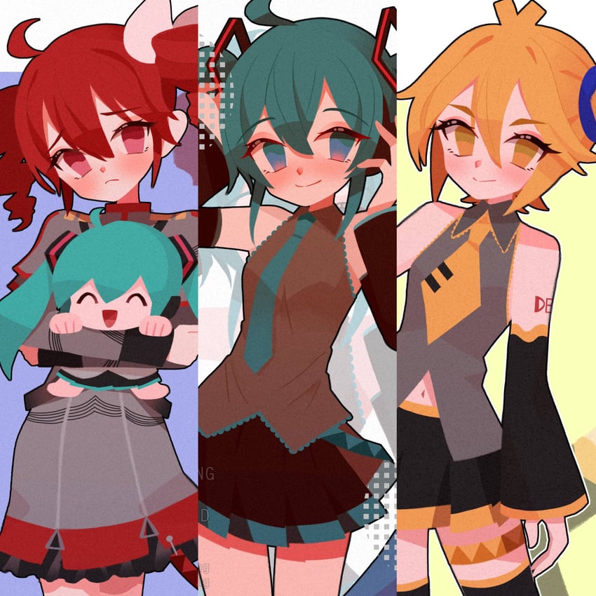 Synthesizer V、三笨蛋 (Vocaloid)、UTAU 3人女子 微笑 呆毛 水色发 水蓝色领带