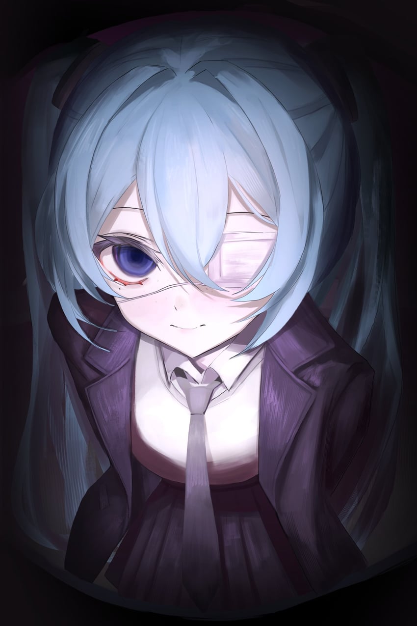 监控 (Vocaloid)、VOCALOID、初音未来 1名女孩 水色发 双手背在身后 黑色夹克 黑色裙子