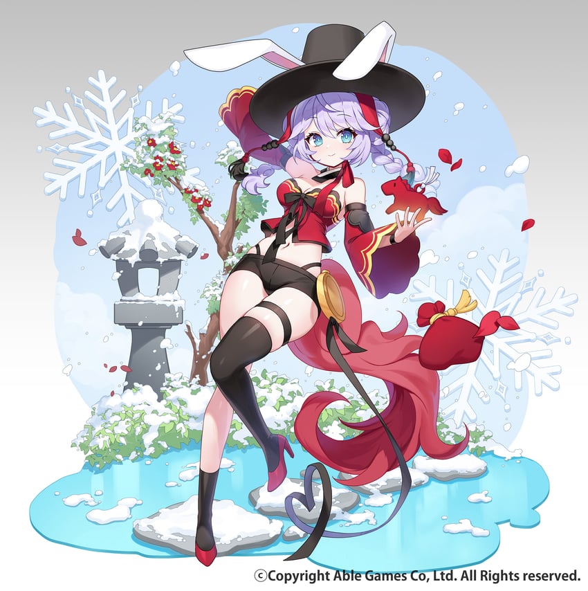 moon rabbit raising 1名女孩 兽耳 举手 不对称腿部穿着 露肩