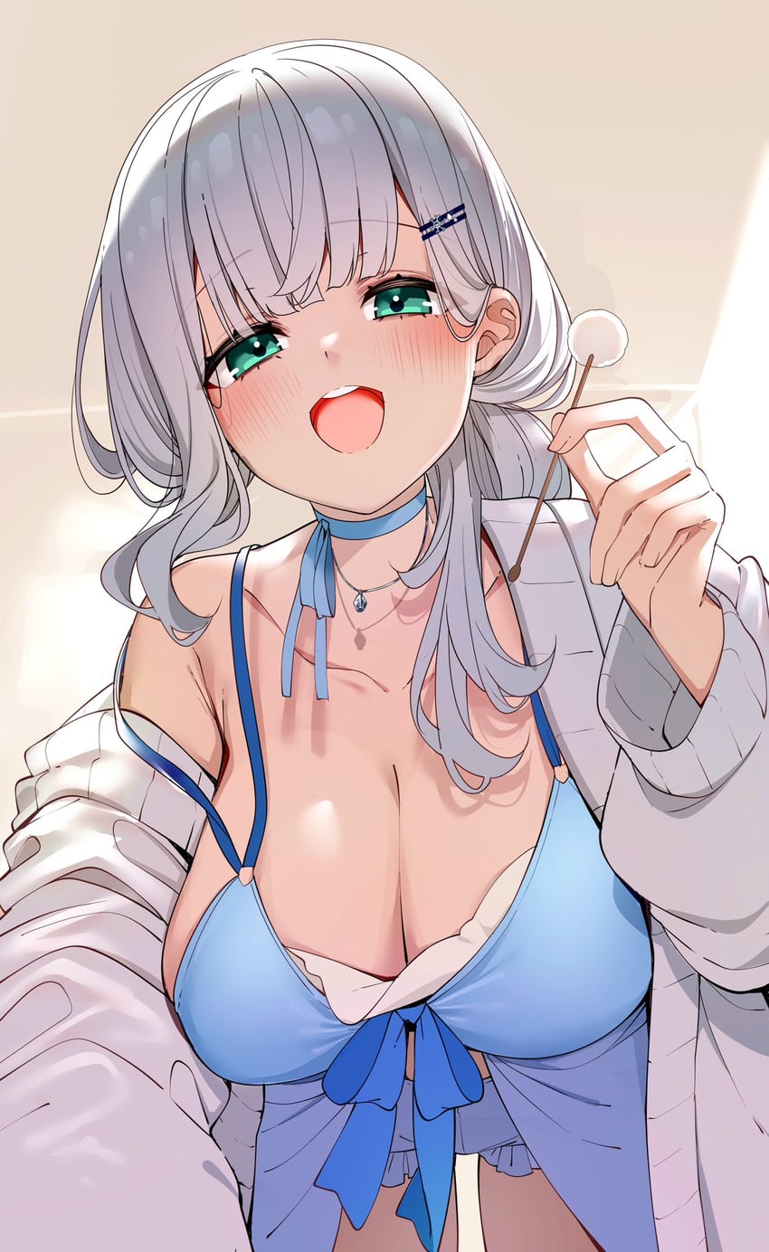 Hololive、白银诺艾尔、白银诺艾尔 (睡衣) 1名女孩 :D 娃娃装睡衣 蓝色睡裙 蓝色项圈
