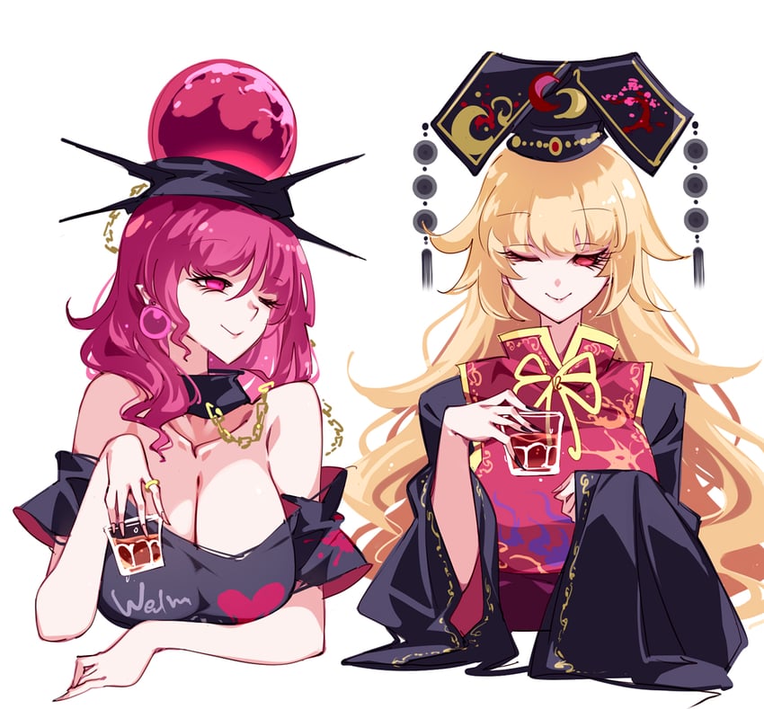 东方Project、赫卡提亚·拉碧斯拉祖利、纯狐 2名女孩 异形乳量 (大) 露肩 黑色连衣裙 黑帽子