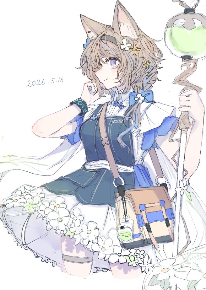明日方舟、芳汀（明日方舟）、aroma (picnic times) (arknights) 1名女孩 整理头发 兽耳 包 蓝眼