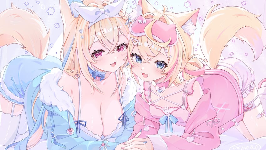 Hololive、Hololive英语、芙华瓦·阿比斯嘉德 2名女孩 呆毛 四肢着地 兽耳毛 兽耳