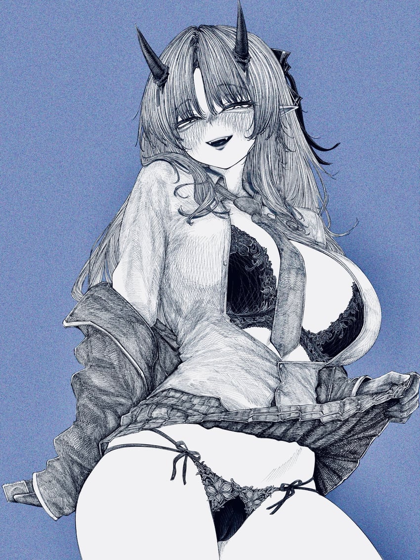 明日方舟、芙蓉 (明日方舟)、濯尘芙蓉 (明日方舟) 1名女孩 裸腿 黑色文胸 黑角 黑色内裤