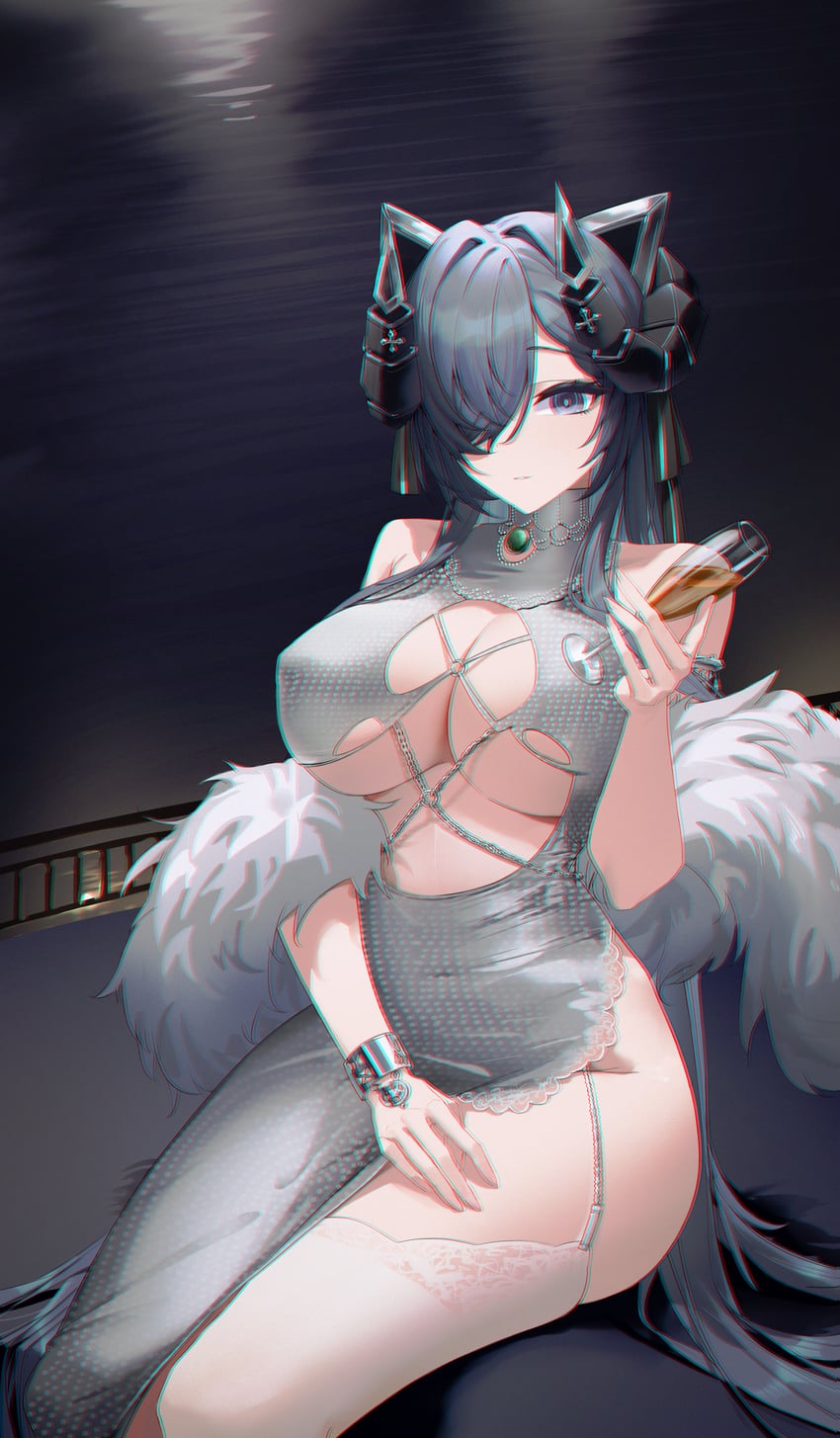 碧蓝航线、奥古斯特·冯·帕塞瓦尔 (碧蓝航线)、august von parseval (night rendezvous with the unhulde) (azur lane) 1名女孩 黑发 乳房 服装镂空 遮盖肚脐