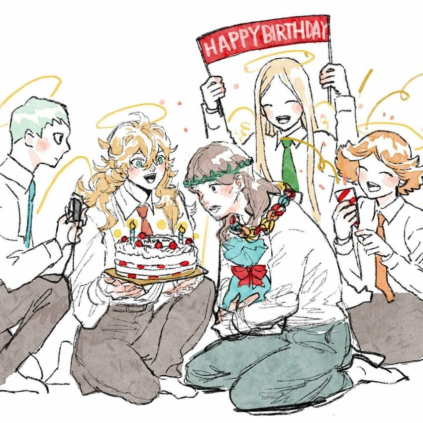 圣哥传、gabriel (saint onii-san)、耶稣 (圣☆哥传) 5个男孩 生日蛋糕 黑瞳 黑裤子 金发
