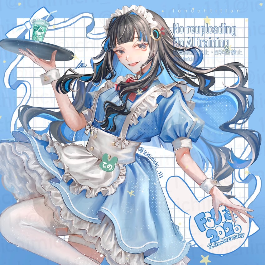Fate/Grand Order、Fate系列、特诺奇蒂特兰 (Fate) 围裙 黑发 蓝色连衣裙 蓝发 挂耳染