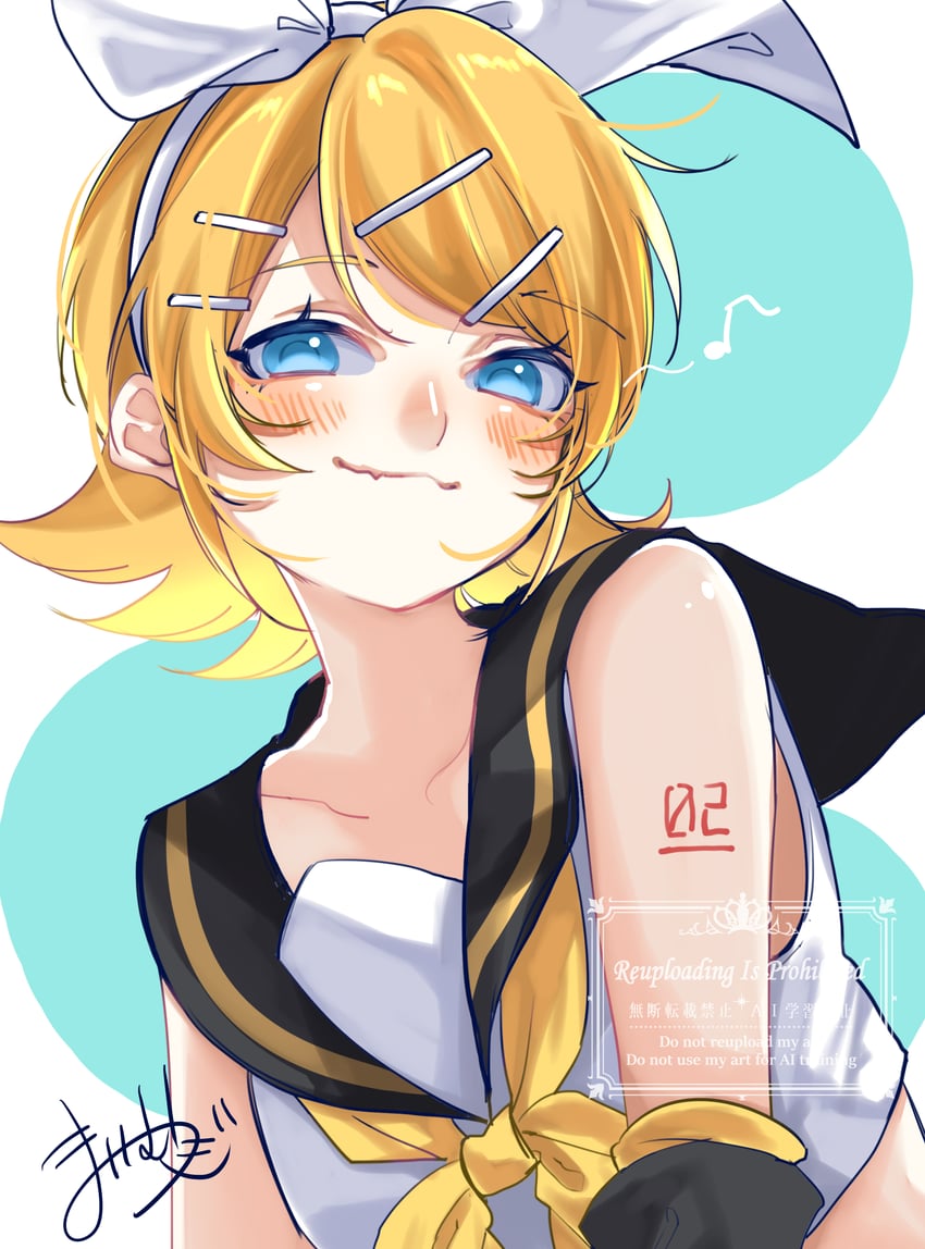 VOCALOID、镜音铃 1名女孩 猫脸笑 露肩 黑色水手领 金发
