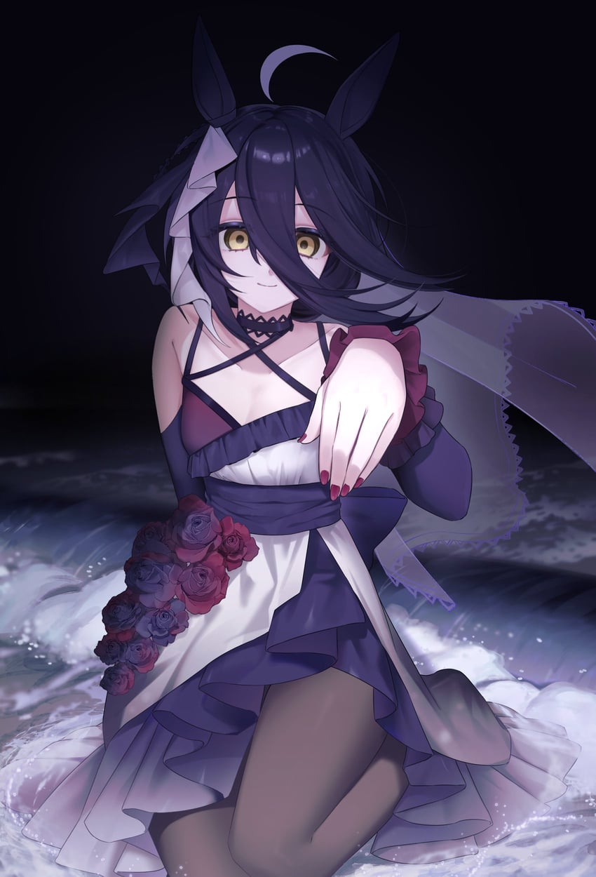赛马娘、曼城茶座 (Mysterious Rose) (赛马娘)、曼城茶座 (赛马娘) 1名女孩 呆毛 兽耳 露肩 黑花