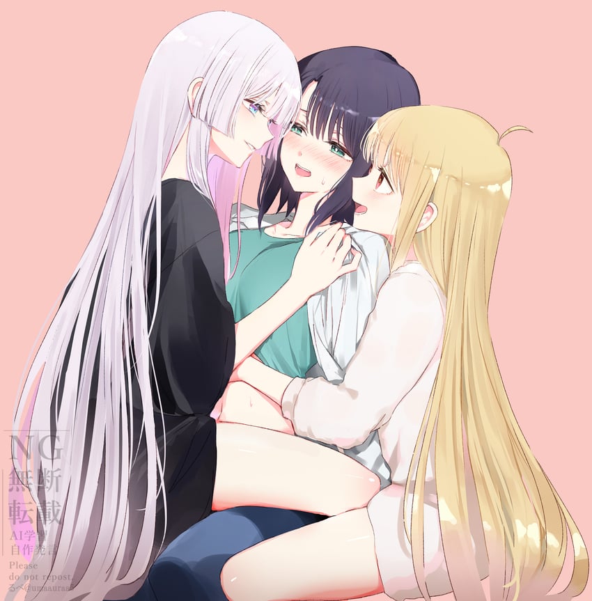 超辉夜姬!、辉夜 (超辉夜姬!)、留奈美八千代 3人女子 呆毛 黑发 血 蓝色裤子