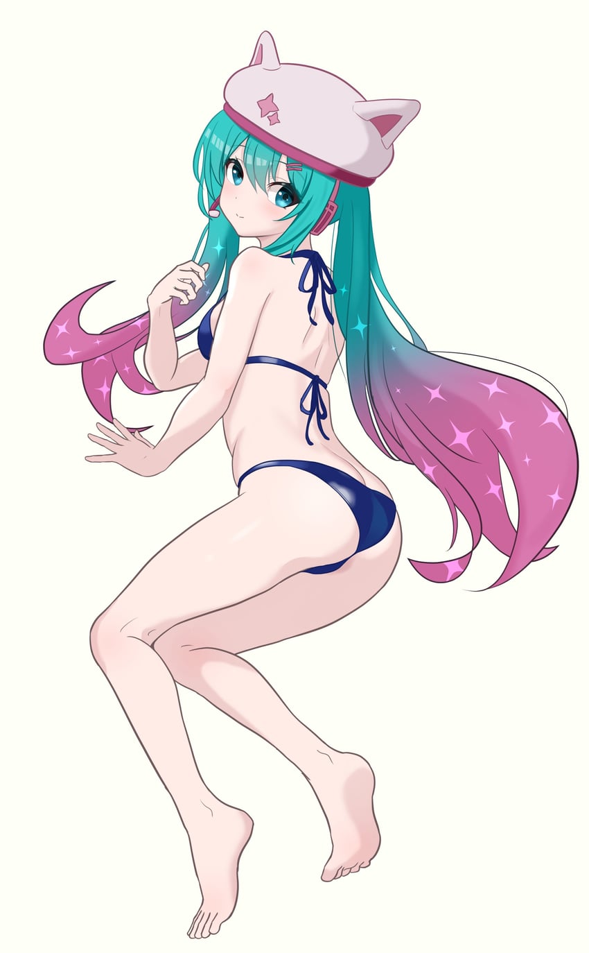 VOCALOID、初音未来 1名女孩 兽耳 水色瞳 水色发 屁股
