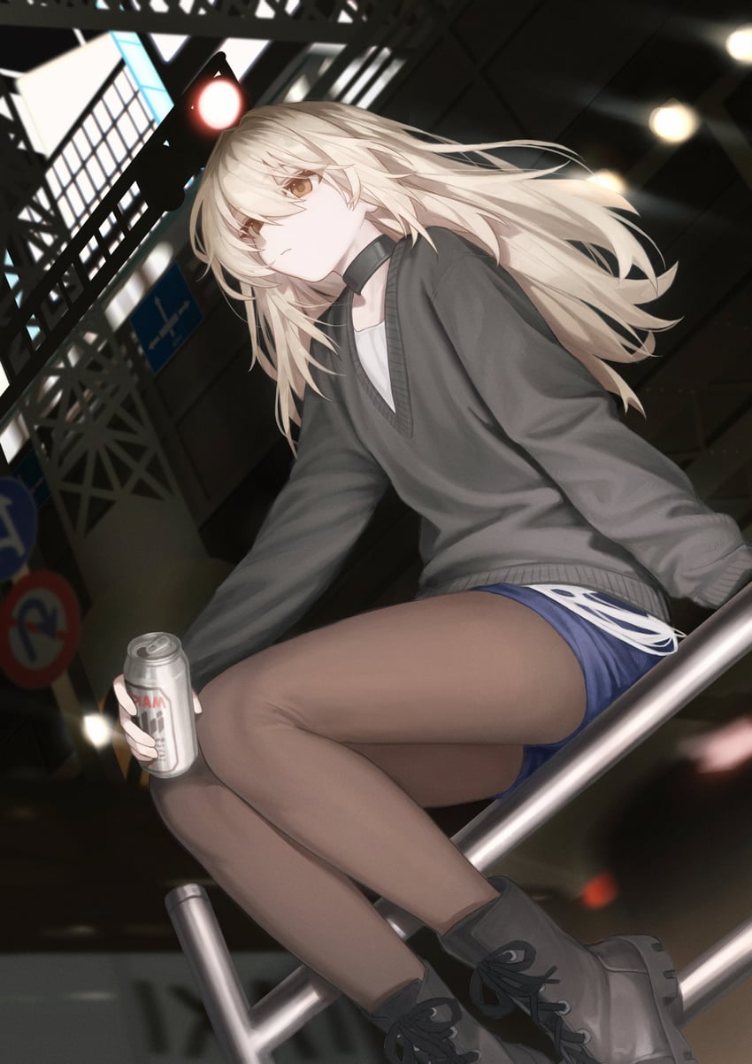 二次元插画 1名女孩 啤酒罐 黑色项圈 黑色连裤袜 黑鞋