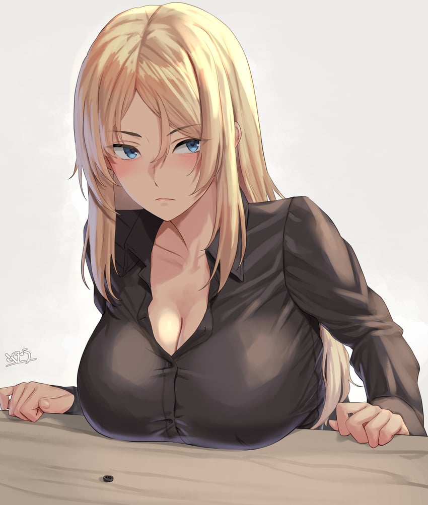 舰队Collection、纳尔逊 (舰队收藏) 1名女孩 黑衬衫 金发 蓝眼 乳房
