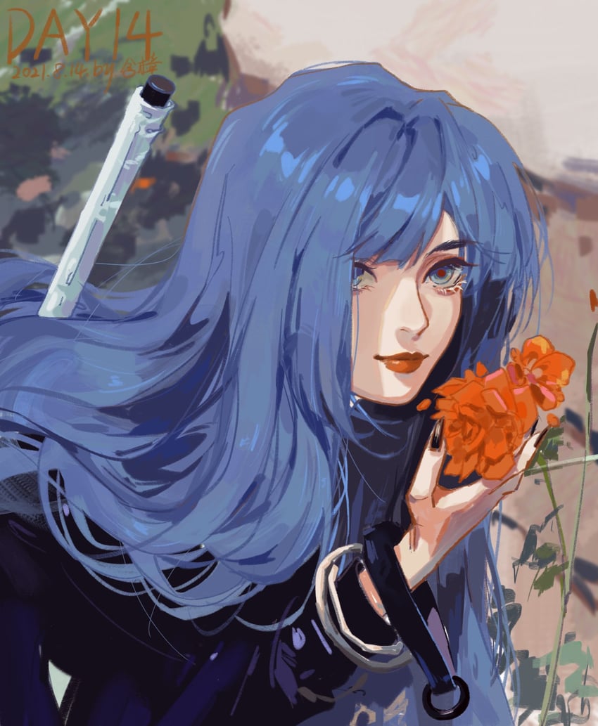 原创 1名女孩 黑色连衣裙 黑色指甲 蓝眼 蓝发