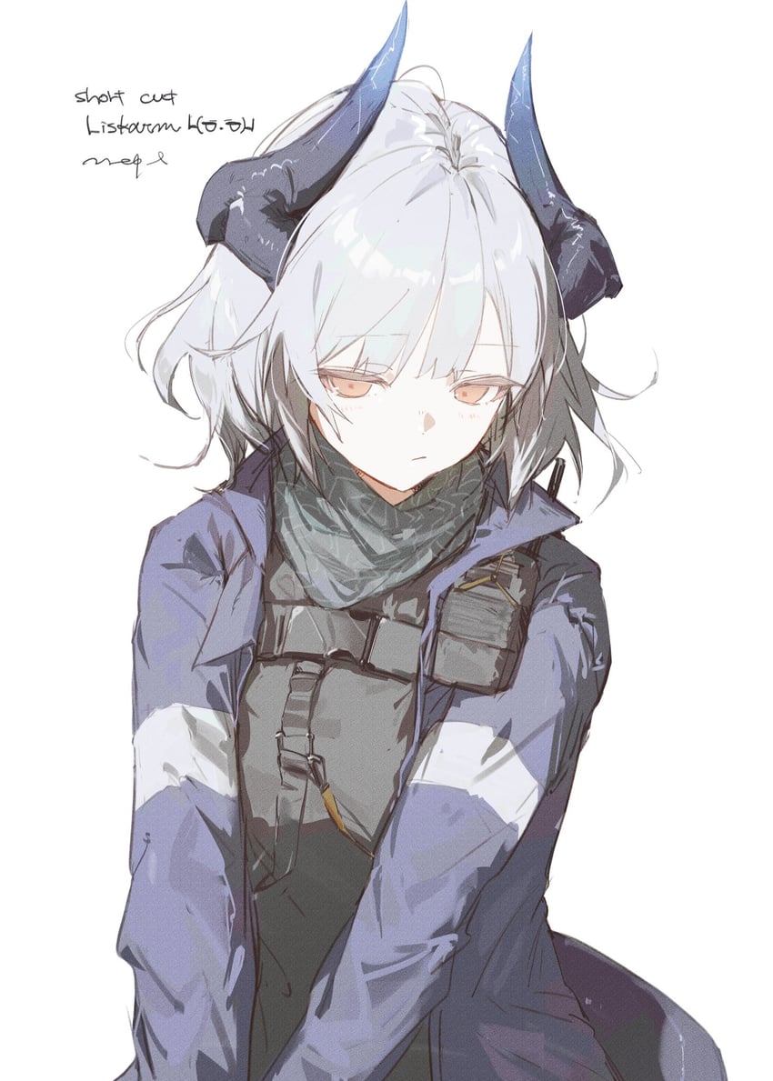 明日方舟 1名女孩 黑角 蓝色夹克 闭嘴 表情符号