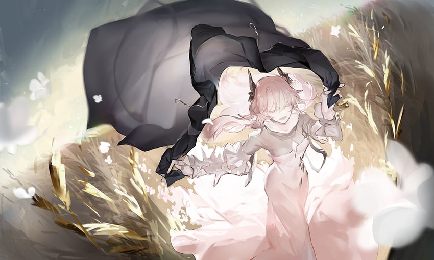 明日方舟、特蕾西娅 1名女孩 举手 乳房 闭眼 恶魔角