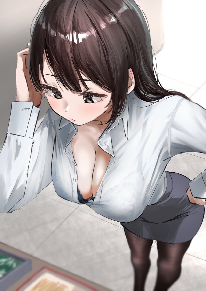 原创 1名女孩 撇嘴 黑色文胸 黑色连裤袜 胸罩