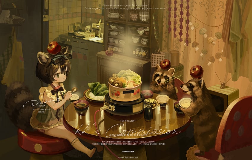 二次元插画 1名女孩 兽耳 苹果 黑发 蝴蝶结