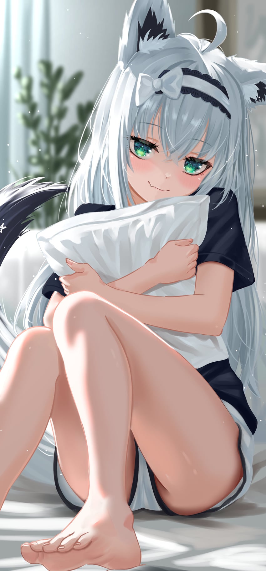Hololive、白上吹雪 1名女孩 呆毛 兽耳毛 兽耳 赤脚