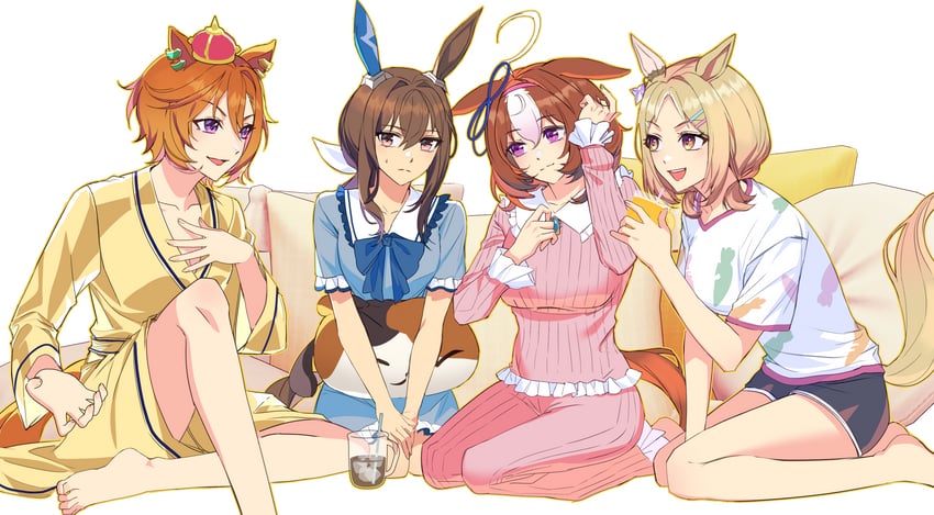 赛马娘、爱慕织姬 (赛马娘)、名将怒涛 (赛马娘) 4个女孩 呆毛 兽耳 黑色短裤 金发
