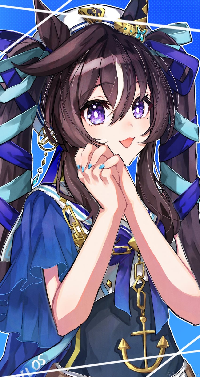 赛马娘、维布罗斯 (赛马娘)、薇薇洛斯 (闪耀之旅) (赛马娘) 1名女孩 兽耳 腰带 黑发 蓝色背景